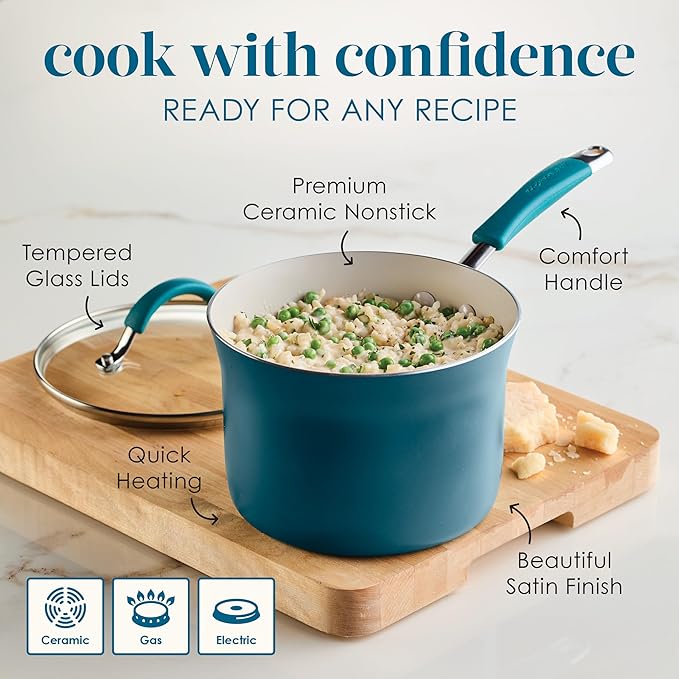 Rachael Ray Cucina Ceramic Cookware Set - 13 Pieces - Ceramic Pots and Pans Set w/Nonstick Frying Pans, Saute Pan, Saucepans, Stockpot, Lids, Pan Protectors & Cooking Utensils - Marine Blue - Image 7