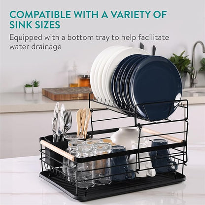 Navaris 2 Tier Dish Rack - Compact Drying Kitchen Board with Drip Tray & Cutlery Holder - Easy to Assemble and Clean Dishes - Sink Drainer Rack - Black - Image 4