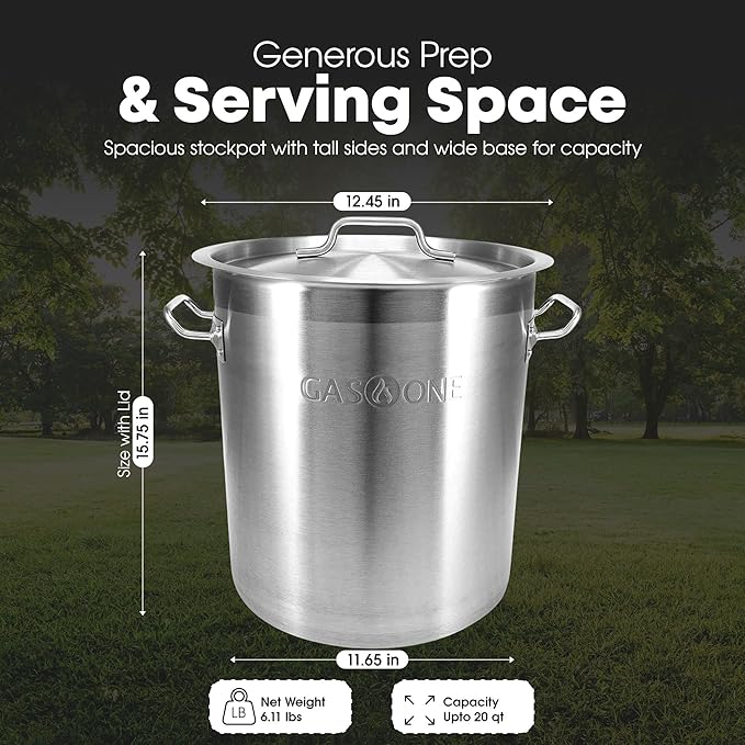 GasOne Stainless Steel Stockpot – 20qt Stock Pot with Lid and Capsule Tri-Ply Bottom – Heavy-Duty Cooking Pot for Beer Brewing, Soup, Seafood Boil – Reinforced Rim Stainless Steel Soup Pot