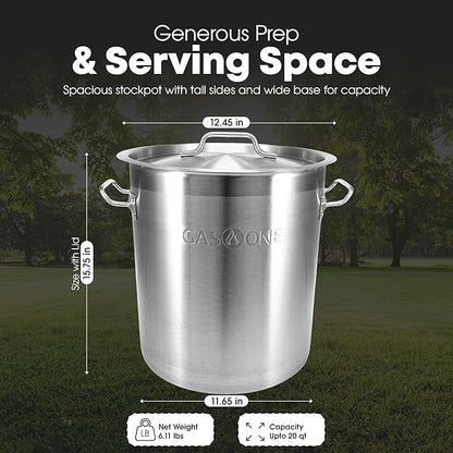 GasOne Stainless Steel Stockpot – 20qt Stock Pot with Lid and Capsule Tri-Ply Bottom – Heavy-Duty Cooking Pot for Beer Brewing, Soup, Seafood Boil – Reinforced Rim Stainless Steel Soup Pot