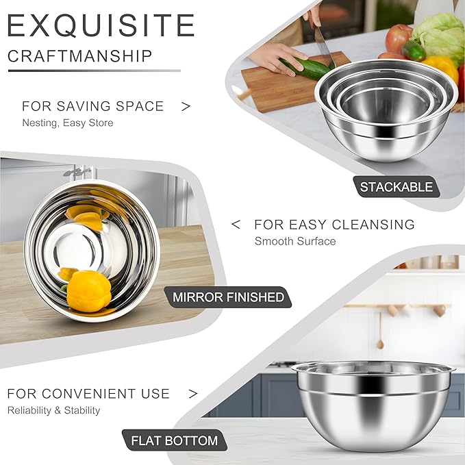 HaWare Mixing Bowls with Airtight Lids, 6-Piece Stainless Steel Salad Bowls, Strong Nesting Bowls for Cooking, Prepping, Baking, Serving & Food Storage, Stackable Design, Size 4.6, 3, 1.5QT, Khaki - Image 4