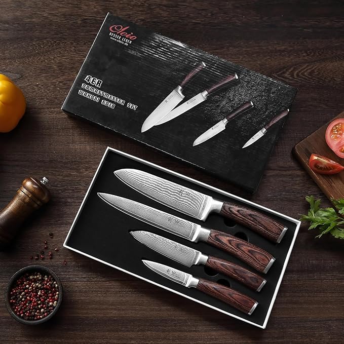Wakoli EDIB 4-Piece Damascus Knife Set – Professional Kitchen Knife Set, 67-Layer Genuine Damascus Steel, High Carbon Stainless Steel Core (VG10), Ergonomic Pakkawood Handles, In Elegant Gift Box
