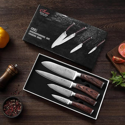 Wakoli EDIB 4-Piece Damascus Knife Set – Professional Kitchen Knife Set, 67-Layer Genuine Damascus Steel, High Carbon Stainless Steel Core (VG10), Ergonomic Pakkawood Handles, In Elegant Gift Box