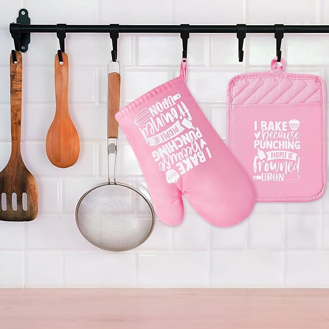 GROBRO7 6Pcs Cotton Oven Mitts Pot Holders Funny Women Resistant Hot Pads Machine Washable Microwave Gloves with Hanging Loop Pocket Potholder for Kitchen Baking Cooking GrillingPink - Image 5