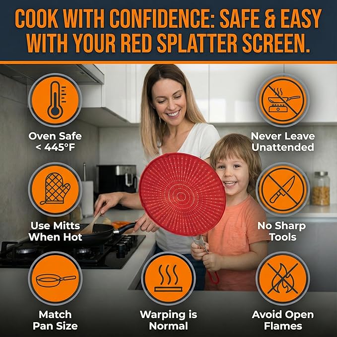 Silicone Splatter Screen for Frying Pan, 13” Red – Grease & Oil Splatter Guard, Heat Resistant, Dishwasher Safe, Foldable Handle with Sleeves – Splash Guard Fits 10–12” Pans, Most 13” Skillets - Image 7