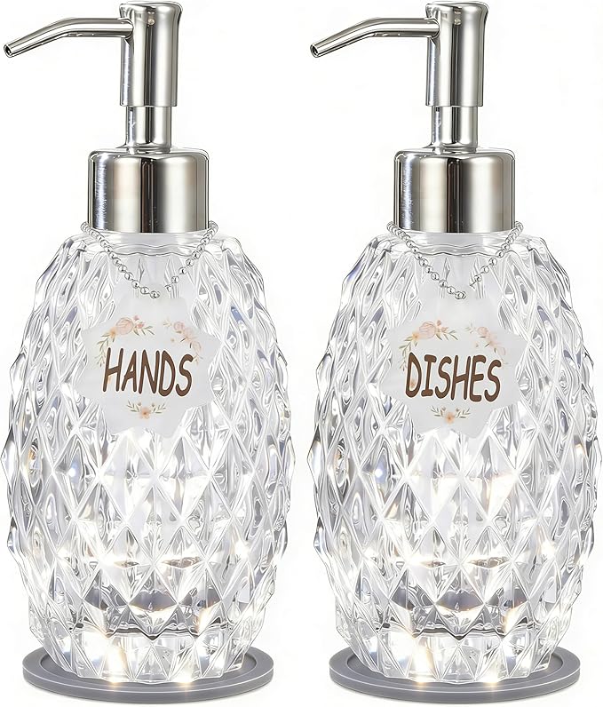 MALACHI Soap Dispenser Set, Crystal-Textured Diamond Glass with Rustproof Stainless Steel Pump, Dual-Labelled Hand & Dish Soap Dispenser for Kitchen & Bathroom