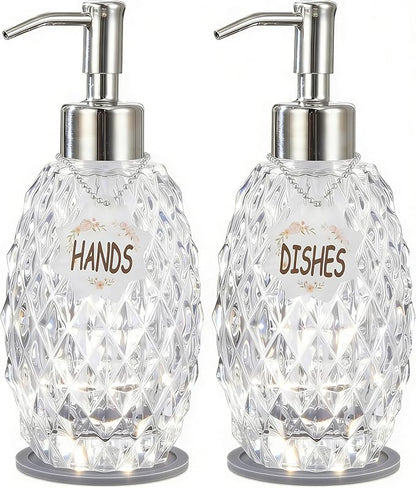 MALACHI Soap Dispenser Set, Crystal-Textured Diamond Glass with Rustproof Stainless Steel Pump, Dual-Labelled Hand & Dish Soap Dispenser for Kitchen & Bathroom