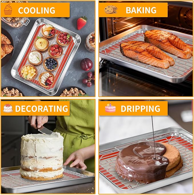Baking Sheet Pan Set of 12, CEKEE Stainless Steel Cookie Sheets for Baking with Cooling Rack Silicone Baking Mat, Small/Quarter/Jelly Roll Pan, 9/10/12/16 Inch, Heavy Duty & Non Toxic & Easy Clean - Image 8