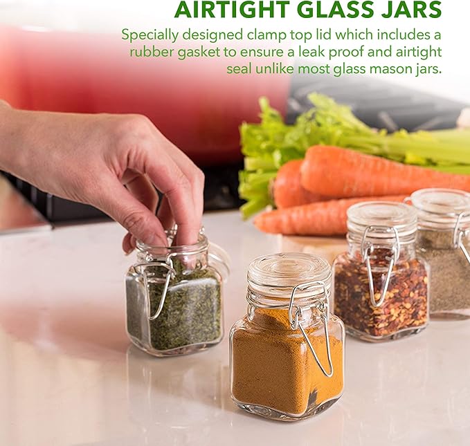 (3 oz) Small Square Glass Jars with Airtight Round Lids, Empty Spice Containers with Labels, Leak Proof Rubber Gasket and Hinged Lid, Chalkboard Label & Marker Included, For Home or Kitchen (12 Pack)