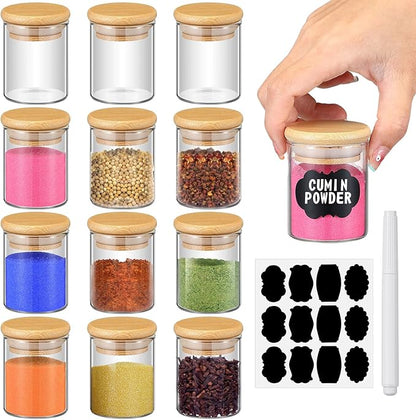 Roshtia Glass Spice Jars with Bamboo Airtight Lids Labels and Chalk Marker Food Storage Container Clear Spice Storage Bottle for Kitchen, Herbs, Seasoning, Seed, Tea, Sugar (12 Pcs,2.5 Oz)