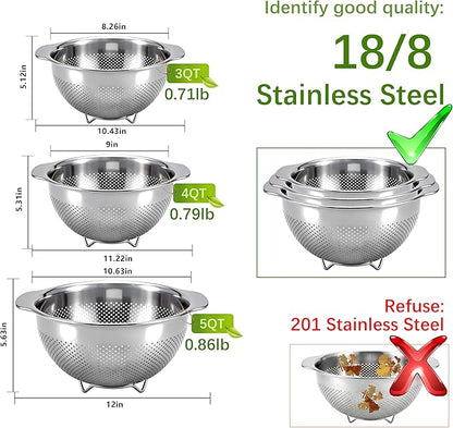 18/8 Stainless Steel Colander for Kitchen - Fine Mesh Strainer with Handle - Rice Strainer Fine Mesh for Vegetables, Fruits, Eggs, Noodles and Pasta, Collander, Dishwasher Safe (4QT)