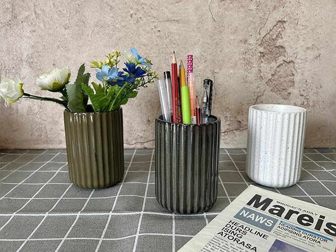 TOPYOKK Stoneware Coffee Bar Utensil Holder Tea & Coffee Spoon & Stirrer Holder for Stir Stick Straw Teaspoon Holder Spoon Cup Small Utensil Jar Fluted Vertical Stripe (Spotted White) - Image 4