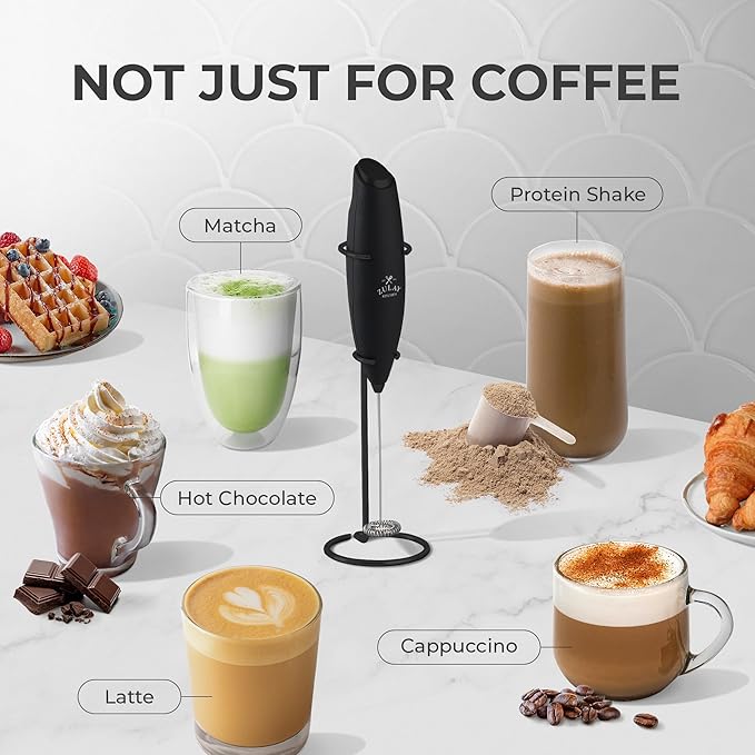 Zulay Kitchen Powerful Milk Frother Wand With 4 AA Duracell Batteries - Ultra Fast Handheld Drink Mixer - Electric Whisk Foam Maker for Coffee, Lattes, Cappuccino, Matcha & Creamer - Executive Black - Image 4