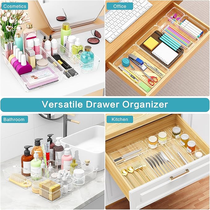 Manalete Drawer Organizers Set of 12, 4 Sizes Clear Plastic Drawer Organizers and Storage Bins for Kitchen, Bathroom, Office, Dresser Desk Drawer Organizer Tray for Jewelry, Makeup, Junk, Gadgets - Image 5
