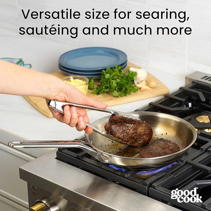 GoodCook Stainless Steel Fry Pan 10-Inch, Oven-Safe to 500F & Induction-Safe Compatible with All Stovetops 3-Layer Construction for Even Heating Non-Toxic PTFE & PFOA Free, Silver