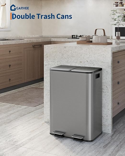 Garvee Double Trash Can, 2 x 8 gal (2 x 30 L) Garbage Can for Kitchen Dual Compartment Recycling Kitchen Step Trash Bin, Stainless Steel Trash and Recycle Bin Combo with Soft-Close Lid,Matte Grey - Image 2