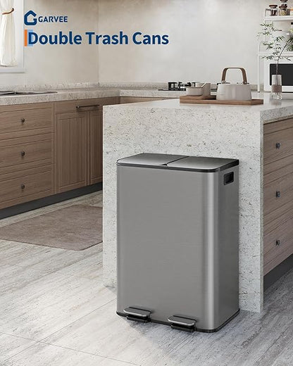 Garvee Double Trash Can, 2 x 8 gal (2 x 30 L) Garbage Can for Kitchen Dual Compartment Recycling Kitchen Step Trash Bin, Stainless Steel Trash and Recycle Bin Combo with Soft-Close Lid,Matte Grey - Image 2