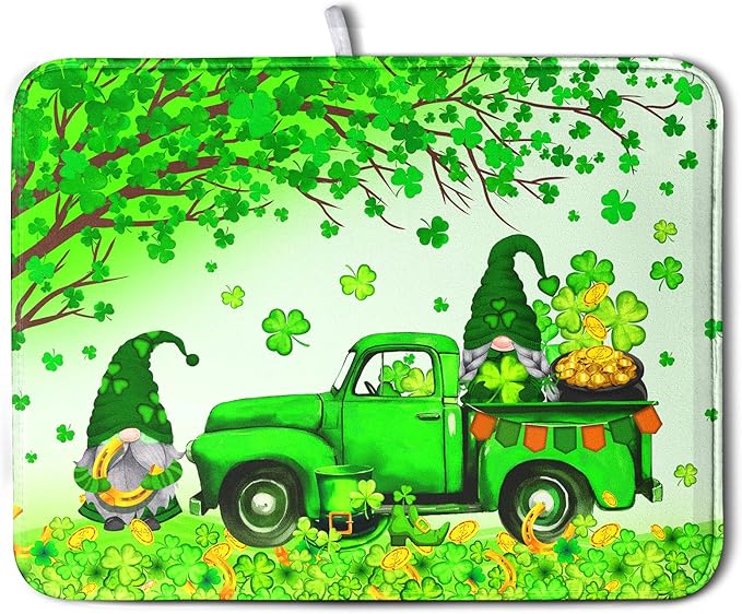 St Patrick's Day Shamrock Dish Drying Mat for Kitchen Counter Green Gnome Truck Dish Dry Mat St Patrick Spring Drying Mats Microfiber Absorbent Dish Drainer Rack Mat Large 18x24 Inch by Kwlegh
