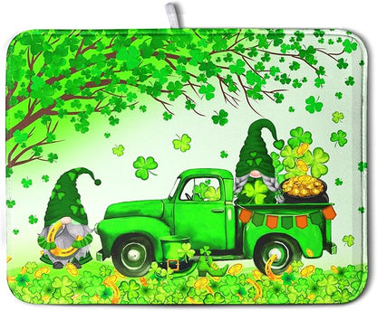 St Patrick's Day Shamrock Dish Drying Mat for Kitchen Counter Green Gnome Truck Dish Dry Mat St Patrick Spring Drying Mats Microfiber Absorbent Dish Drainer Rack Mat Large 18x24 Inch by Kwlegh