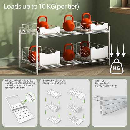 NETEL NETELAdjustable Under Sink Organizers and Storage, 2 Tier Expandable Pull Out Under Sink Organizers and Storage, 4 Pull-Out Metal Baskets, (21.5-31.64)" W X 14.69" D X 15.83" H