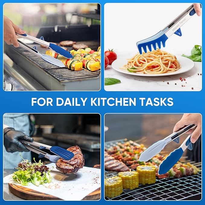 5-Pack Silicone Tongs for Cooking,Maywe Tanso 4PCS 13-Inch Kitchen Tongs with Silicone Tips,Nonstick Stainless Steel Tong for Steak Pie Pizza Pasta Spaghetti Salad BBQ Buffet,Plus Brush - Image 5