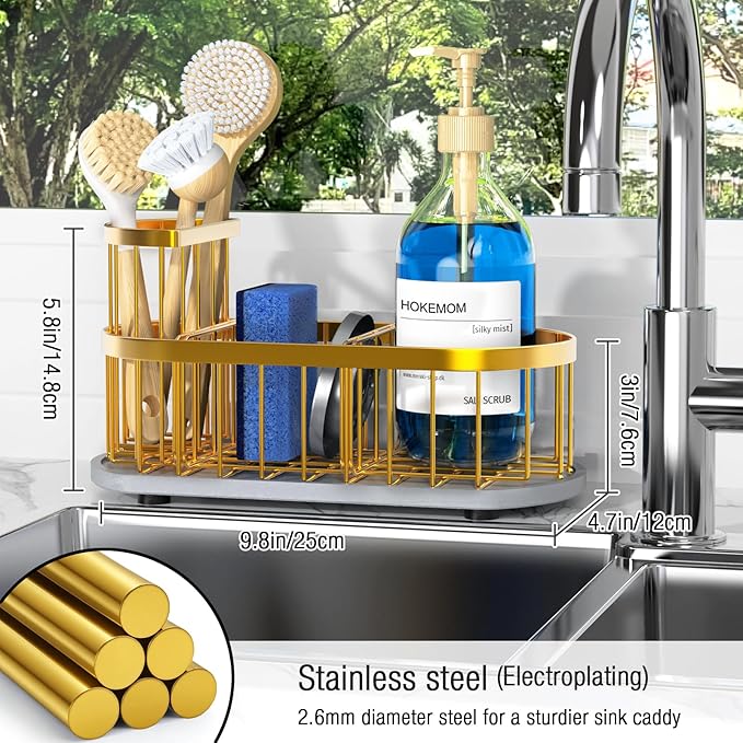 Sponge Holder for Kitchen Sink with High Brush Holder, [Stay-Dry Anywhere & No Drainage Needed] Rustproof Stainless Steel Kitchen Sink Caddy Organizer with Water Absorbing Stone Tray, Gold - Image 2