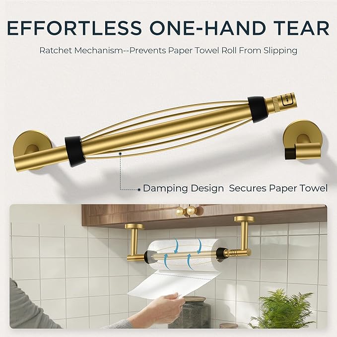 FORIOUS Paper Towel Holder Under Cabinet, SUS304 Wall Mounted Commercial Paper Towel Holder, One-Handed Tear Hanging Paper Roll Holder with Ratchet Mechanism for Kitchen Bathroom (Brushed Gold)