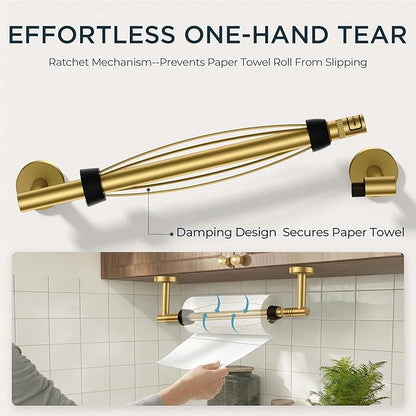 FORIOUS Paper Towel Holder Under Cabinet, SUS304 Wall Mounted Commercial Paper Towel Holder, One-Handed Tear Hanging Paper Roll Holder with Ratchet Mechanism for Kitchen Bathroom (Brushed Gold)