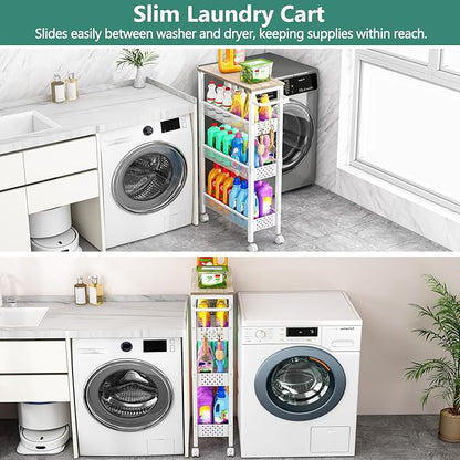 Vivihomety Utility Slim Storage Cart, 4 Tier Small Rolling Kitchen Laundry Room Cart with Wood Top, Metal Bathroom Storage Cabinet Mobile Shelf Unit Organizer Trolley with Handle for Narrow Space - Image 7