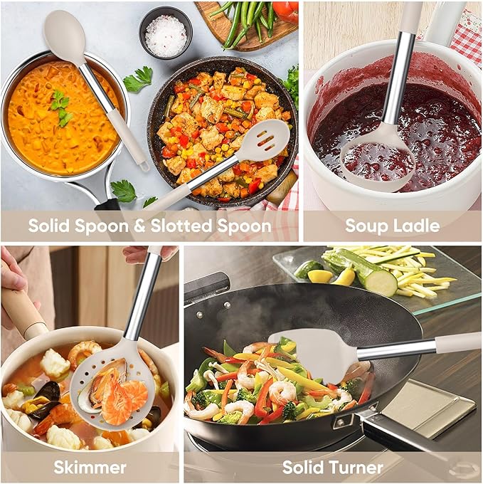 TeamFar Kitchen Utensils Set of 8, Silicone Utensils Kitchen Tools Set with Stainless Steel Handle, for Frying Serving Flipping Draining, Non-toxic & Heatproof, Nonstick & Dishwasher Safe - Khaki - Image 5