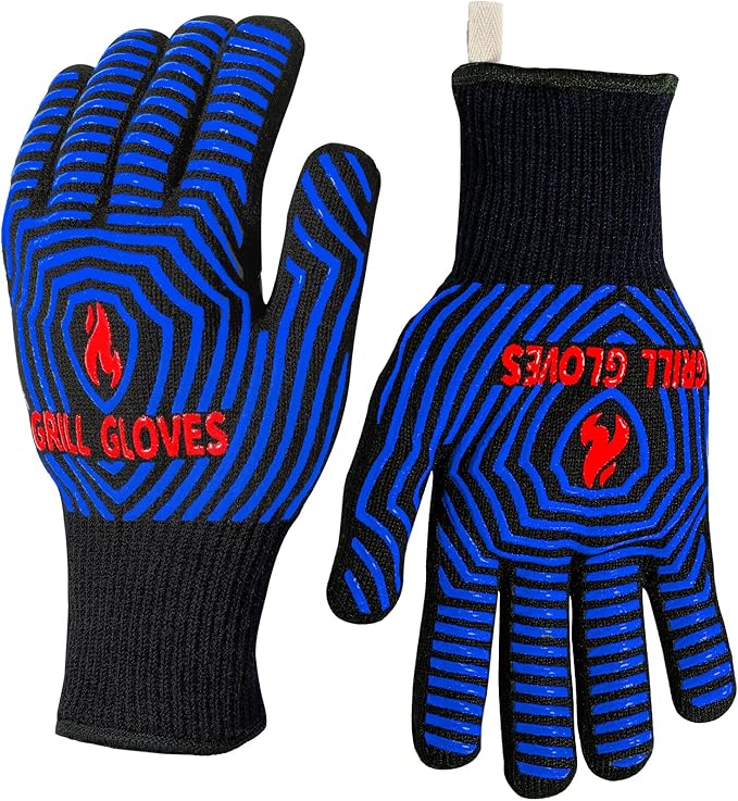 QUWIN BBQ Gloves, Oven Gloves 1472℉ Extreme Heat Resistant, Grilling Gloves Silicone Non-Slip Oven Mitts, Kitchen Gloves for BBQ, Grilling, Cooking, Baking-1 Pair (One Size Fits Most, Black/Blue) by QUWIN
