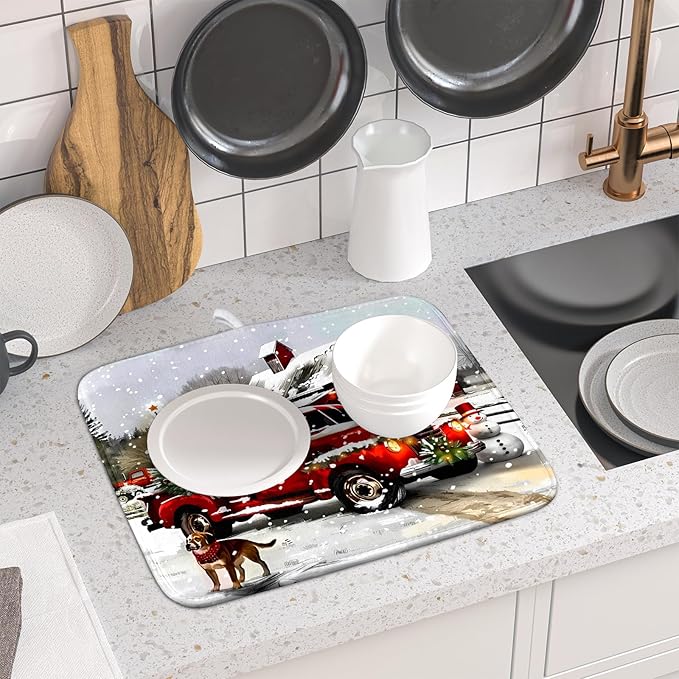 Red Truck Christmas Dish Drying Mat for Kitchen Counter 16x18 Inch Winter Xmas Tree Snowman Dog Print Absorbent Reversible Microfiber Drying Mats Kitchen Countertop Protector Dishes Drainer Rack Pad - Image 6