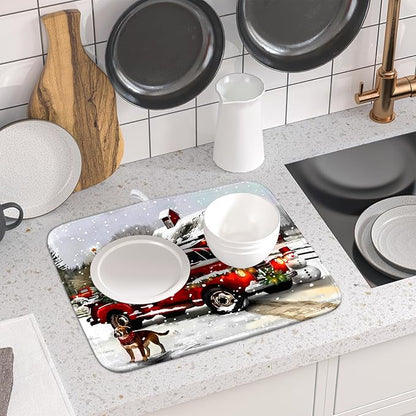 Red Truck Christmas Dish Drying Mat for Kitchen Counter 16x18 Inch Winter Xmas Tree Snowman Dog Print Absorbent Reversible Microfiber Drying Mats Kitchen Countertop Protector Dishes Drainer Rack Pad - Image 6