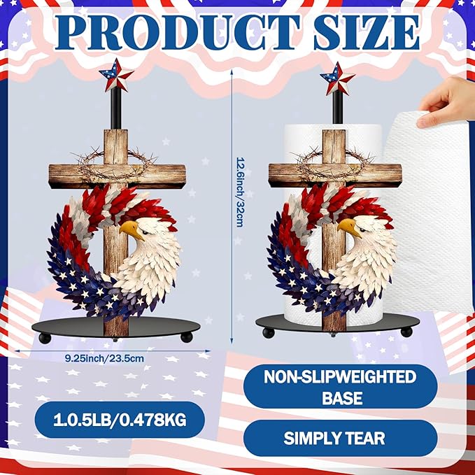 Thyle 4th of July Patriotic Paper Towel Holder, Red White Blue Eagle Cross Kitchen Decor 250th Anniversary Star Design, Metal Countertop Stand for Bathroom Memorial Day Independence Day Home Decor