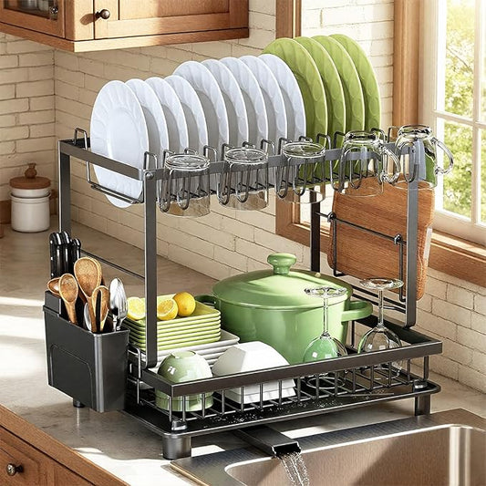 Dish Drying Rack, 2 Tier Space-Saving Dish Rack, Multifunctional Dish Drainer for Kitchen Counter with Drainboard/Utensil/Cup Holder Rustproof Carbon Steel, Black by Nfnoyp