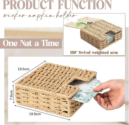Threehoney Woven Paper Rope Napkin Holder with Lid for Outdoor Picnic Table, Flat Square Napkin Basket for Dinner Kitchen Camping Farmhouse, 7 x 7 Inch