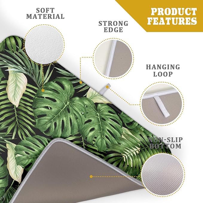 Giwawa Tropical Palm Leaf Dish Drying Mat for Kitchen Countertop, 18"x24" Summer Green Monstera Dish Drainer Mats, Hawaiian Banana Leaves Fast Dry Microfiber Large Dish Drying Pad Decoration