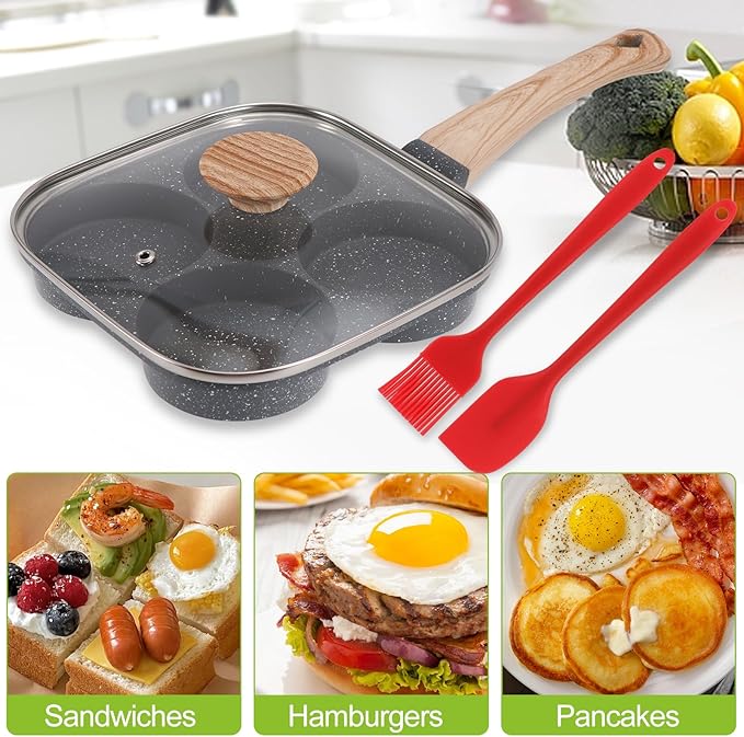4-Cup Egg Pan, Premium Egg Pans Nonstick, Omelette Pan with Lid , Healthy Egg Frying Pan for Breakfast, Egg Sandwich, Hamburger, Pancake, Egg Skillet Suitable for Gas Stove & Induction Cookware - Image 6