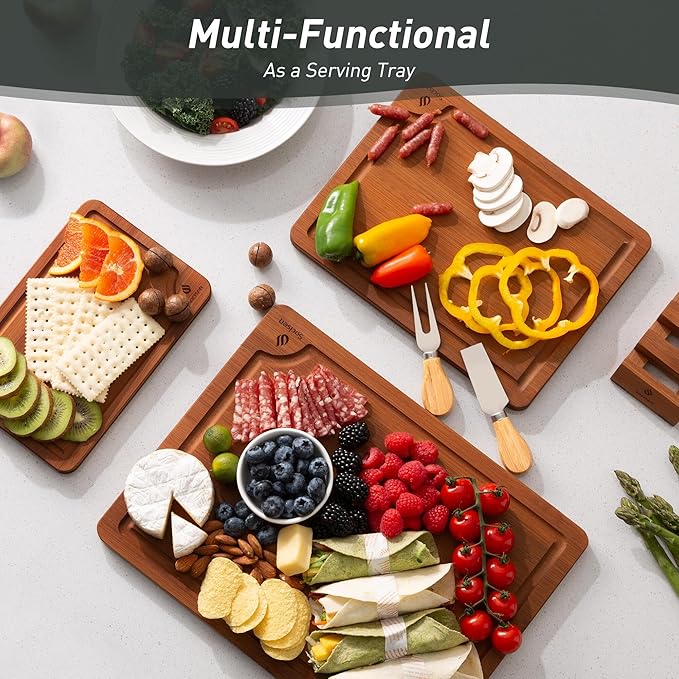 3 Packs Bamboo Cutting Board Set with Non Slip Feet Holder and Over Sink Nice Solid Thick Wood Juice Groove Chopping Board Extra Large Big Small Best Hardwood Kitchen Organic Vegetable Meat BBQ Kit - Image 8