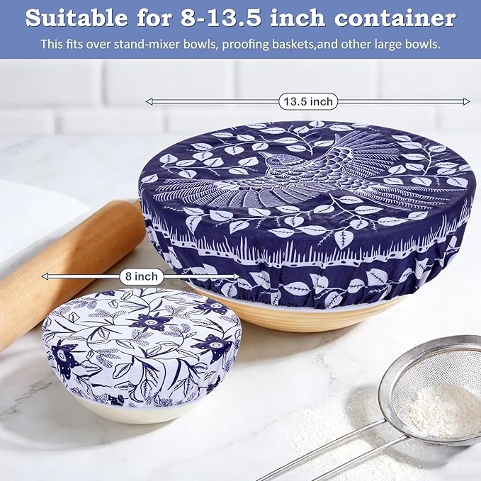 2 Large Reusable Beeswax Bowl Covers for Bread Proofing, 10/12 Inch Elastic Beeswax Wraps Cotton Cloth Sourdough Bowl Covers for Proofing Baskets, Mixer Bowls, Food Storage Containers