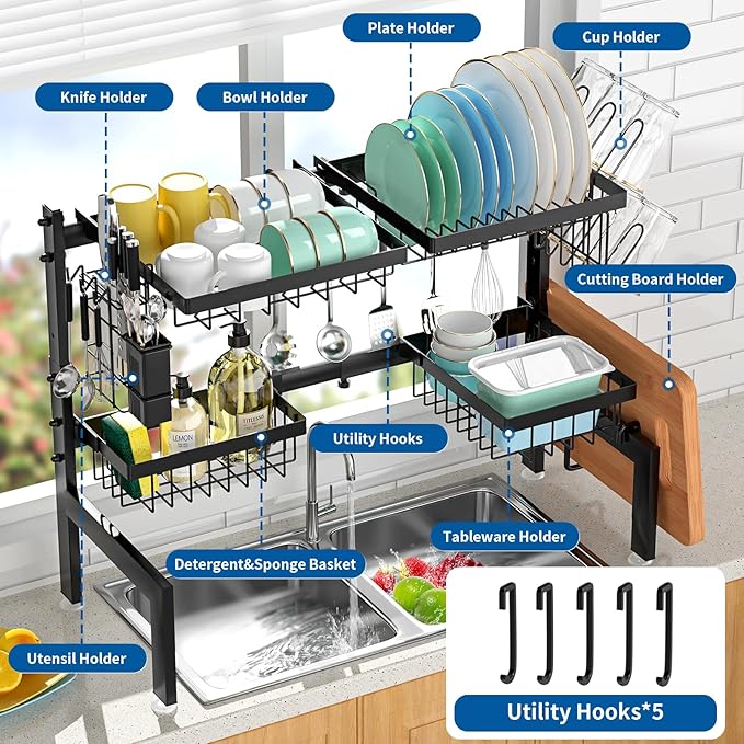 Over The Sink Dish Drying Rack,Expandable 2-Tier Stainless Steel Over The Sink Dish Rack with Utensil Holder Dish Drainers for Kitchen Counter - Image 2