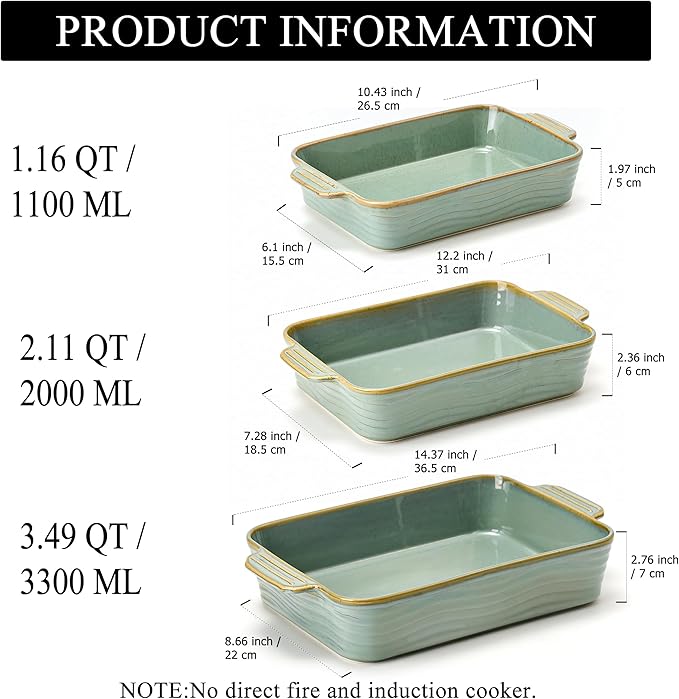 Ceramic Baking Dish Set of 3, Casserole Dishes for Oven, Square Porcelain Bakeware Set with Handles, Lasagna Baking Pan for Cooking, Perfect for Baking and Serving, Housewarming, Halloween, Thanksgiving, Christmas, New Year- Green - Image 4