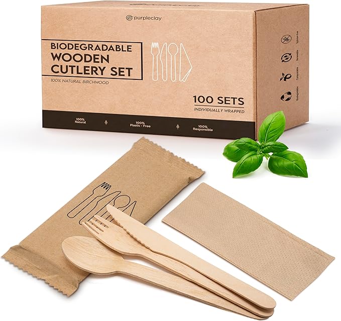 PURPLECLAY Wooden Disposable Utensils Set, 300 Pieces | Wrapped Utensils and Napkins, 100 Sets | Compostable Silverware for Parties | Eco Friendly, Plastic-Free Alternative to Bamboo Cutlery by Purpleclay