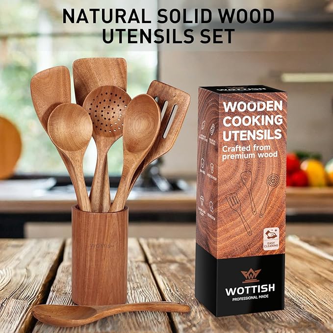 Wooden Spoons for Cooking - 8-Piece Wooden Kitchen Utensil Set made of Natural Solid Wood Material-Includes Spoons,Spatulas,Ladles,Mixing Spoon and Utensil Holder,Valentine's Day Gifts - Image 3