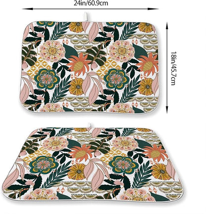Boho Dish Drying Mat 18 x 24 Inch Pink Green Floral Drying Mat for Kitchen Counter Absorbent Bohemian Tropicla Leaves Spring Summer Dishes Dry Pad for Drainer Rack Kitchen Fast Dry