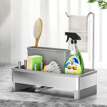 Ewaiira Stainless Steel Sink Caddy, Sponge Holder for Kitchen Sink with Brush Holder & Dishcloth Rack, Rustproof Sink Organizer Countertop, Kitchen Organizers Storage Essentials (F-Gray 9.8″) by EwaiiraHomeStorageOrganizer