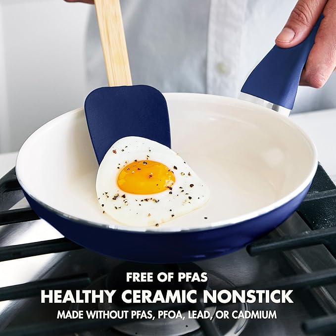 GreenPan Rio Healthy Ceramic Nonstick 8" Frying Pan Skillet and Silicone Spatula Set, Soft Grip Handle, Breaktfast Meal Set, PFAS-Free, Dishwasher Safe, Oven Safe, Oxford Blue - Image 2