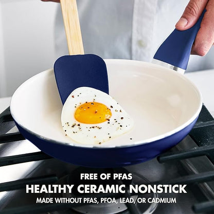 GreenPan Rio Healthy Ceramic Nonstick 8" Frying Pan Skillet and Silicone Spatula Set, Soft Grip Handle, Breaktfast Meal Set, PFAS-Free, Dishwasher Safe, Oven Safe, Oxford Blue - Image 2