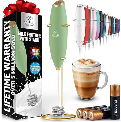 Zulay Kitchen Patented Tornado Triple Whisk Milk Frother with 4 Duracell Batteries – Handheld Foam Maker for Coffee, Lattes, Matcha & Hot Chocolate – Rich, Creamy Froth in Seconds - Olive & Gold by ZulayKitchen
