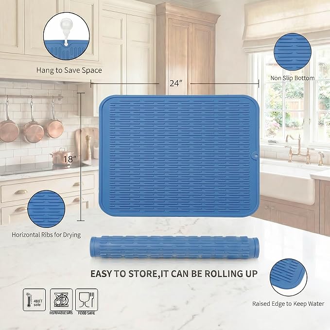 MicoYang Silicone Dish Drying Mat for Multiple Usage,Easy clean,Eco-friendly,Heat-resistant Silicone Mat for Kitchen Counter or Sink,Refrigerator or Drawer Liner Lichen BlueL 2XL 24 inches x 18 inches - Image 2